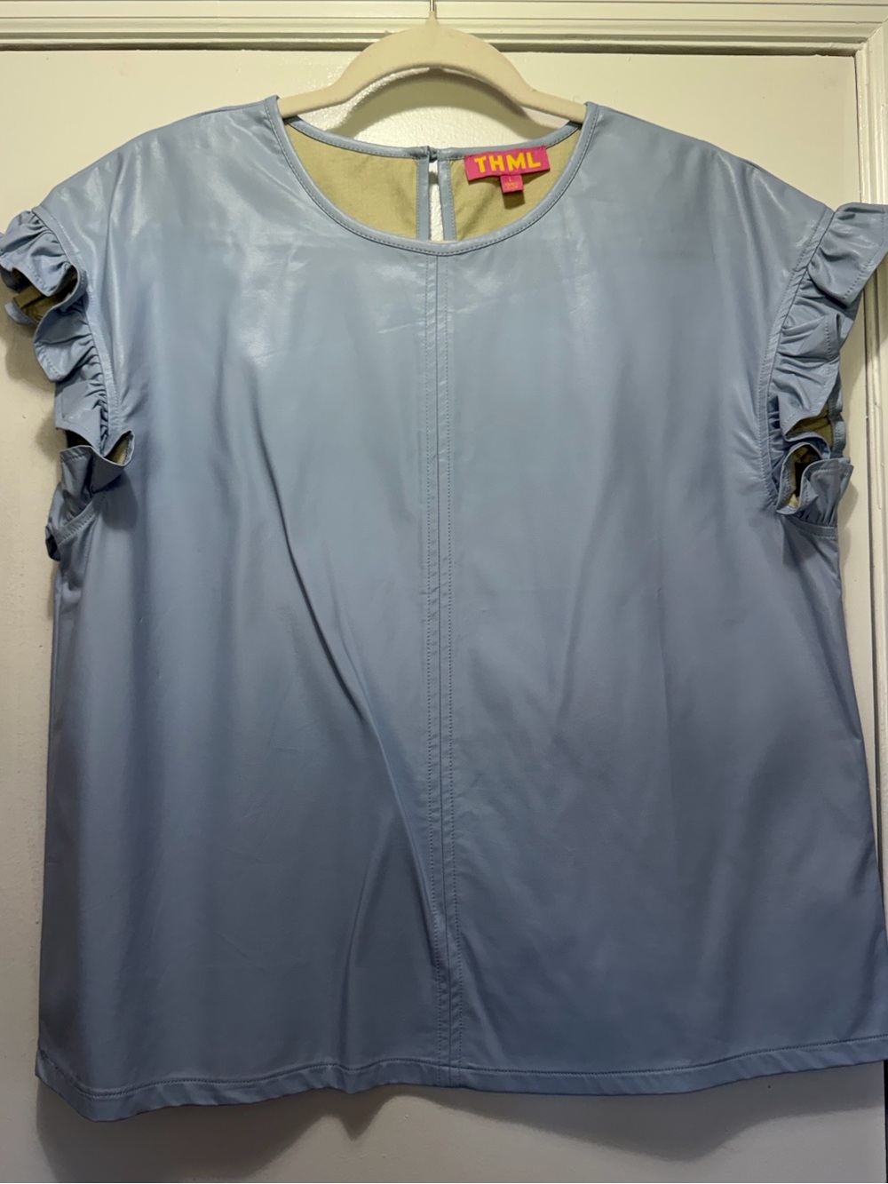 THML Powder Blue Ruffle Sleeve Blouse- Looks and feels like leather